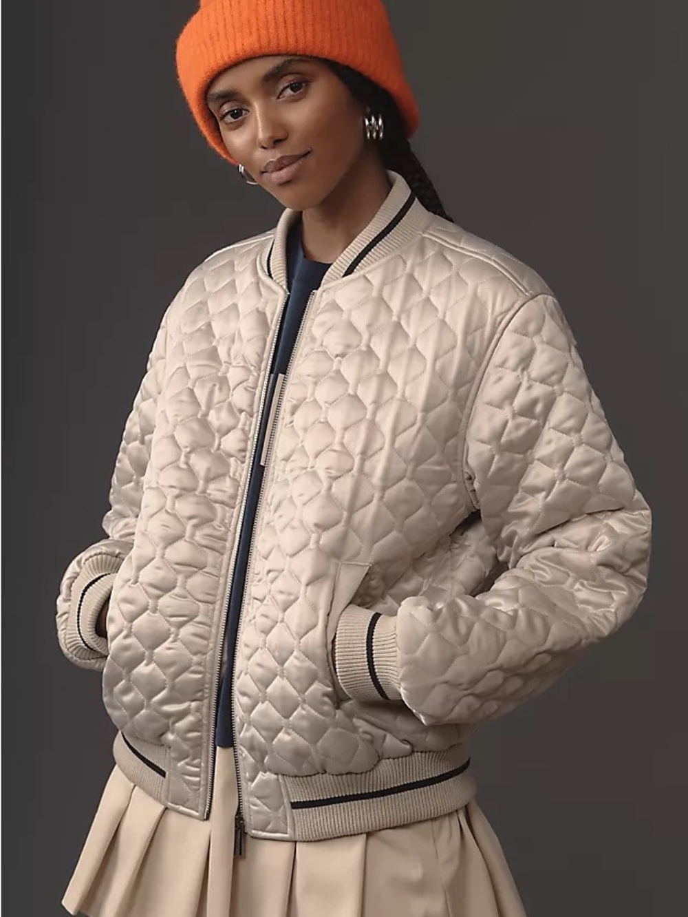 Sanctuary x Anthropologie Satin Quilted Bomber Jacket in Cream